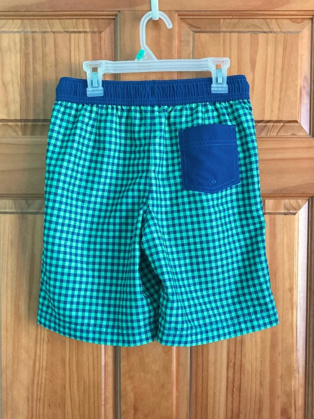 Boy’s size 10-12 Lands’ End blue and green checked swim trunks-like new